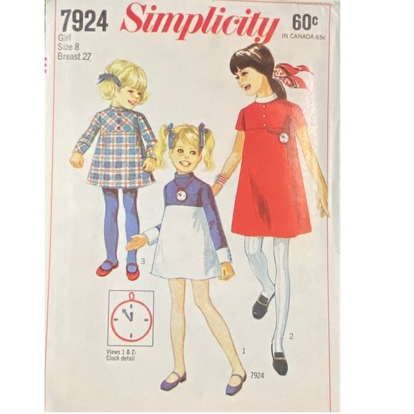 Vtg Simplicity 7924 Dress Pattern 8 Girl 1968 Variation Back Zip Collar Button - Picture 2 of 6